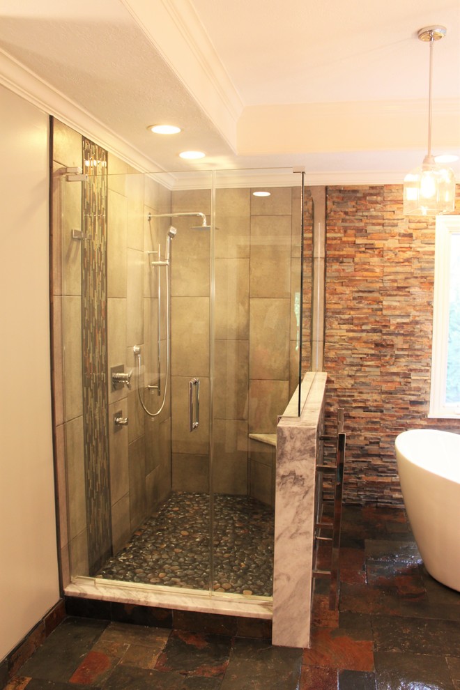 Bathroom - mid-sized transitional master multicolored tile and stone tile slate floor bathroom idea in Indianapolis with furniture-like cabinets, dark wood cabinets, a bidet, gray walls, a vessel sink and marble countertops