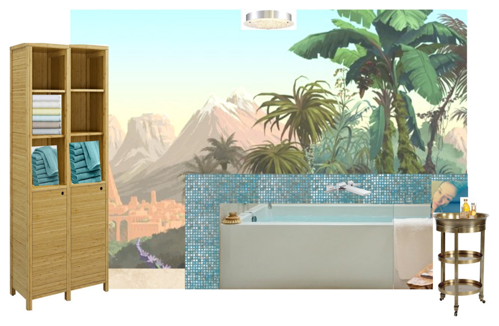Свежая идея для дизайна: главная ванная комната среднего размера в современном стиле с фасадами островного типа, фасадами цвета дерева среднего тона, отдельно стоящей ванной, душем без бортиков, раздельным унитазом, зеленой плиткой, стеклянной плиткой, зелеными стенами, полом из керамогранита, врезной раковиной, столешницей из гранита, бежевым полом, душем с распашными дверями и зеленой столешницей - отличное фото интерьера