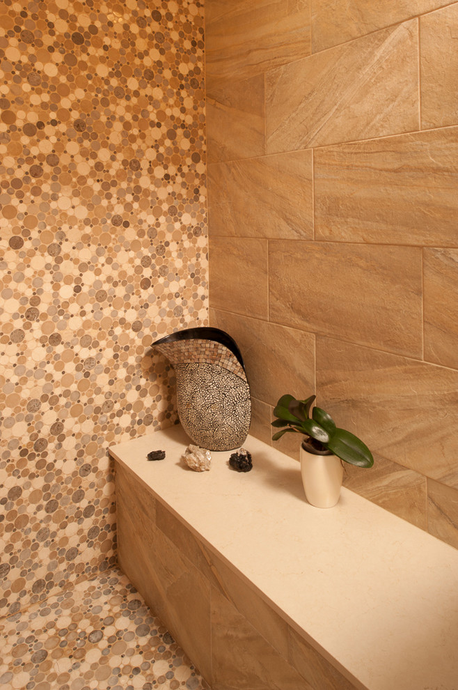 Bathroom - large master brown tile and porcelain tile porcelain tile and brown floor bathroom idea in New York with flat-panel cabinets, medium tone wood cabinets, quartz countertops, brown walls, a vessel sink and a hinged shower door
