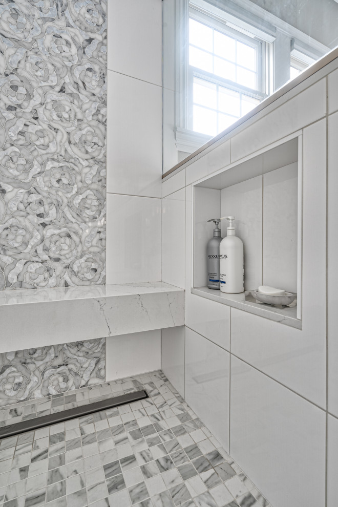 Bathroom - huge transitional master white tile and porcelain tile marble floor bathroom idea in New York with shaker cabinets, white cabinets, a bidet, beige walls, an undermount sink, quartzite countertops, a hinged shower door and white countertops