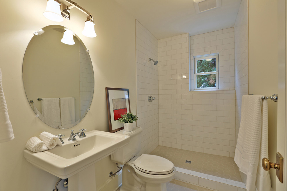 Alcove shower - mid-sized transitional white tile and ceramic tile ceramic tile alcove shower idea in Portland with a pedestal sink, a one-piece toilet and white walls