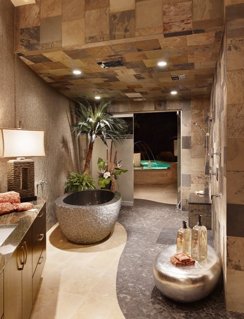 Spa Sanctuary: Contemporary Bathroom with Natural Stone Bathtub - Tranquil Freestanding Bathtub Ideas