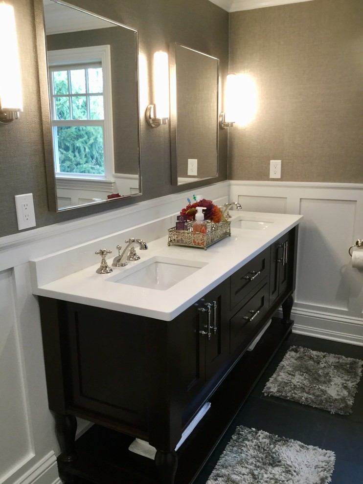 Inspiration for a mid-sized transitional master porcelain tile and gray floor bathroom remodel in Newark with shaker cabinets, dark wood cabinets, an undermount sink, quartz countertops and white countertops