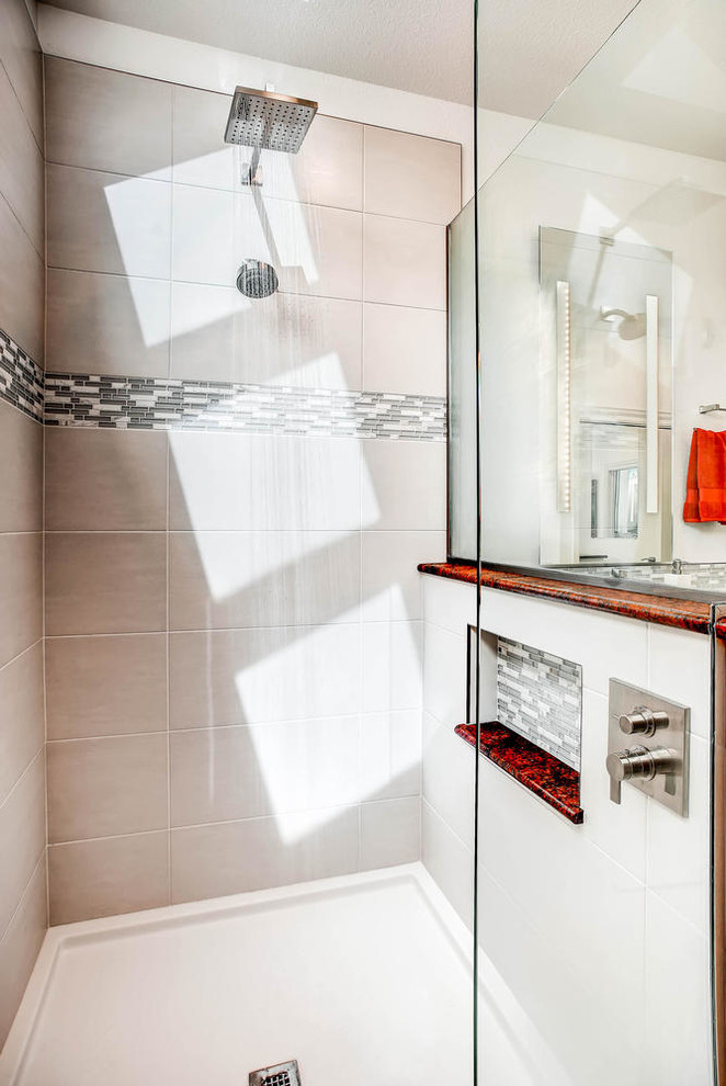 Inspiration for a large classic ensuite bathroom in Denver with flat-panel cabinets, light wood cabinets, a walk-in shower, grey tiles, white tiles, matchstick tiles, beige walls, ceramic flooring, a submerged sink, engineered stone worktops, grey floors and an open shower.