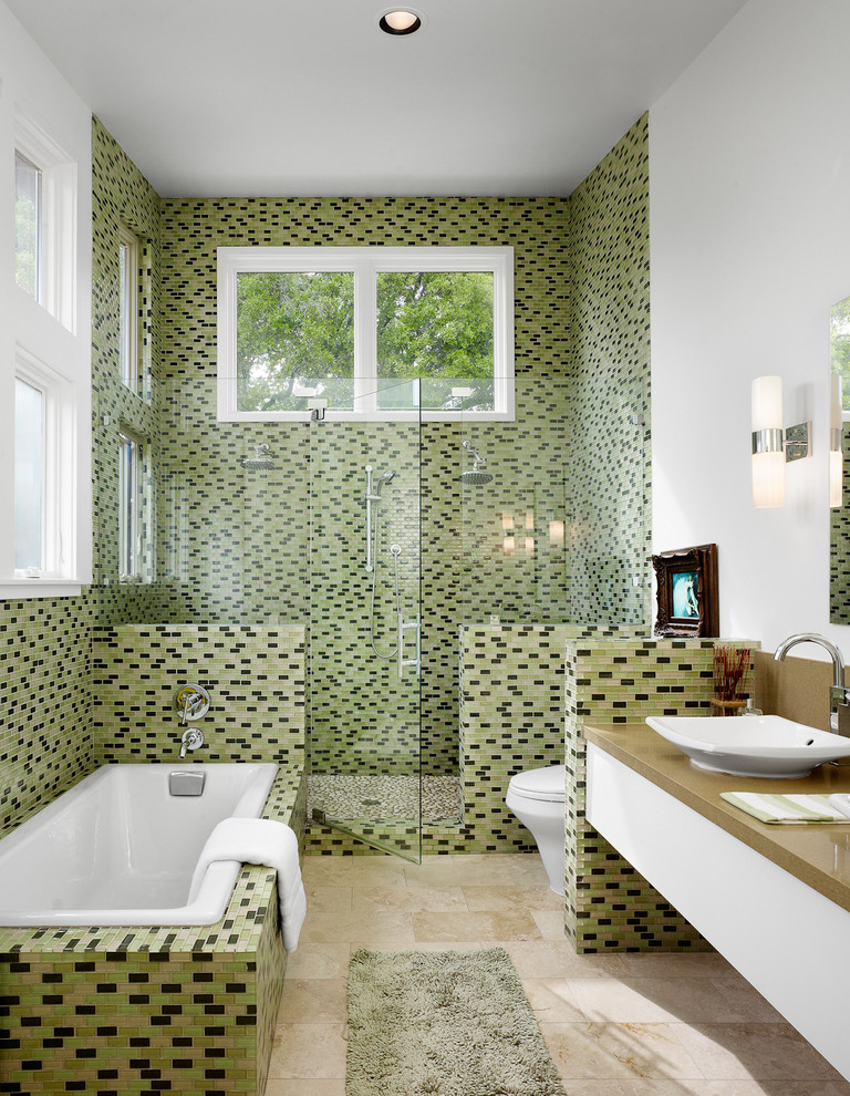 Идея дизайна: ванная комната в стиле модернизм с настольной раковиной