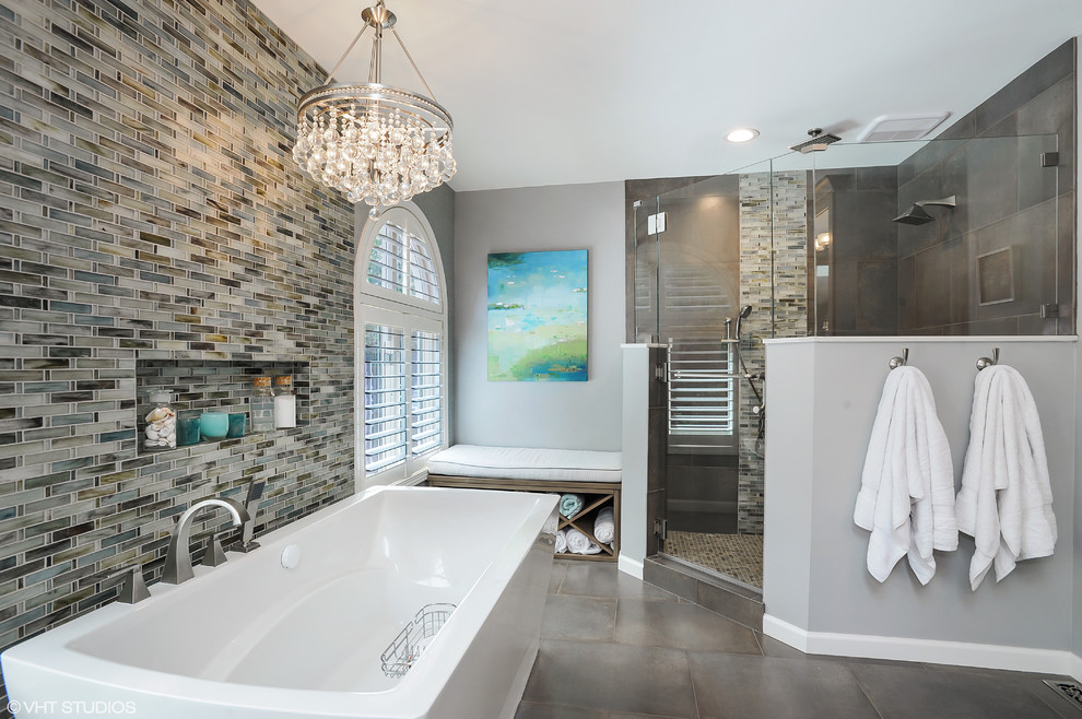 Medium sized classic ensuite bathroom in Seattle with a submerged sink, shaker cabinets, medium wood cabinets, marble worktops, a freestanding bath, a corner shower, multi-coloured tiles, mosaic tiles, grey walls and ceramic flooring.