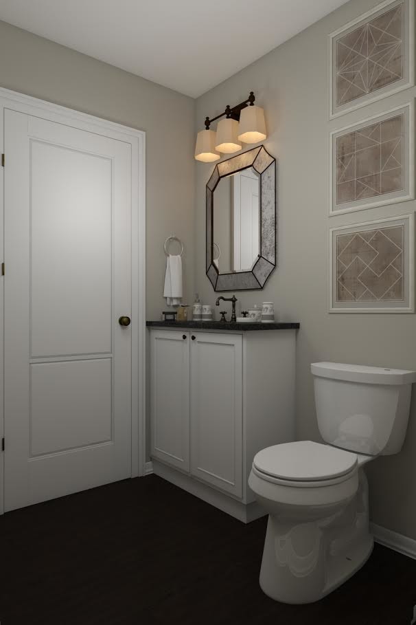 Foto på ett litet lantligt badrum med dusch, med släta luckor, vita skåp, en toalettstol med separat cisternkåpa, grå väggar, mörkt trägolv, ett undermonterad handfat och granitbänkskiva