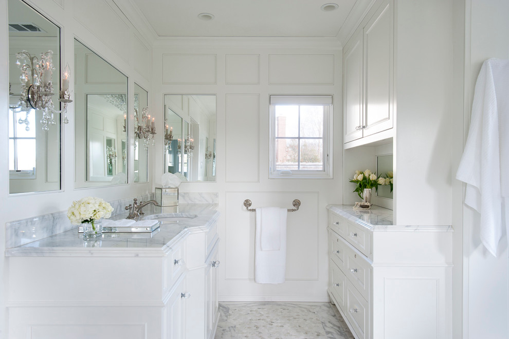 Bathroom - traditional master bathroom idea in Philadelphia with beaded inset cabinets, white cabinets, white walls and an undermount sink
