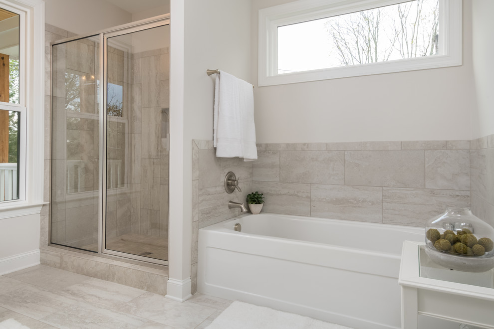 Inspiration for a medium sized traditional family bathroom in Other with shaker cabinets, white cabinets, an alcove bath, an alcove shower, a two-piece toilet, grey tiles, ceramic tiles, grey walls, ceramic flooring, a submerged sink, granite worktops, grey floors, a sliding door and multi-coloured worktops.