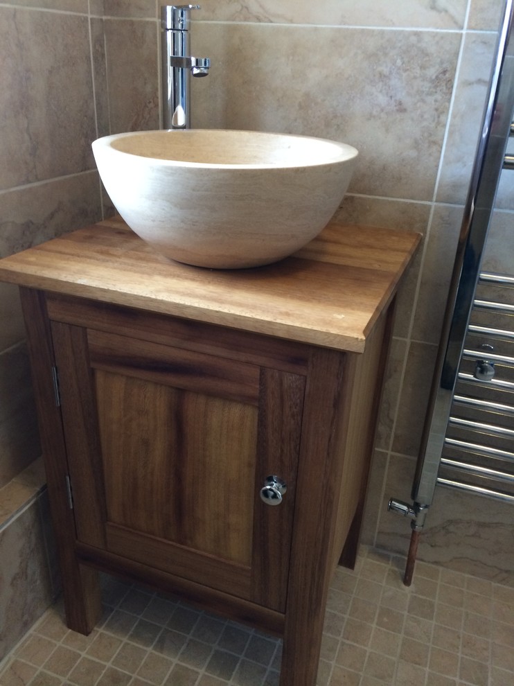 Inspiration for a modern bathroom remodel in Cornwall with shaker cabinets and medium tone wood cabinets