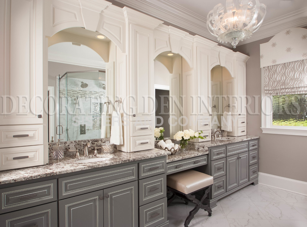 Mid-sized transitional white tile and cement tile bathroom photo in Atlanta with gray cabinets, gray walls, an undermount sink and granite countertops