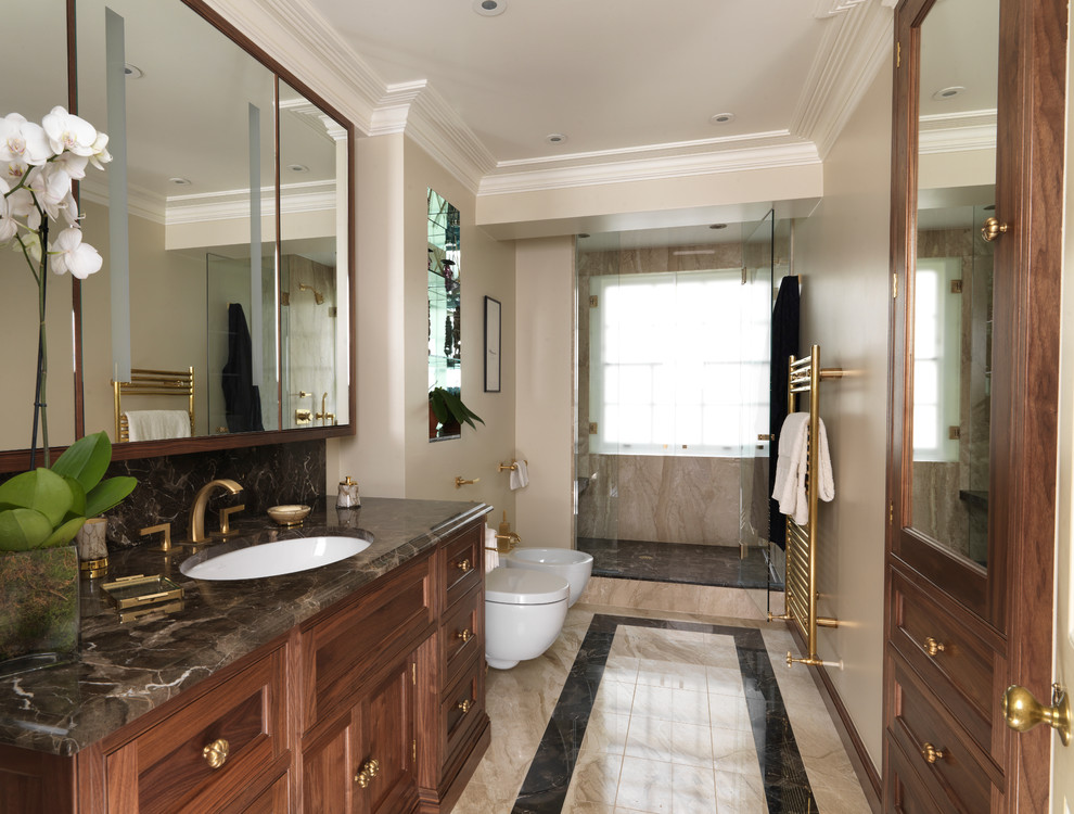 Design ideas for a classic bathroom in Other with a bidet and brown worktops.