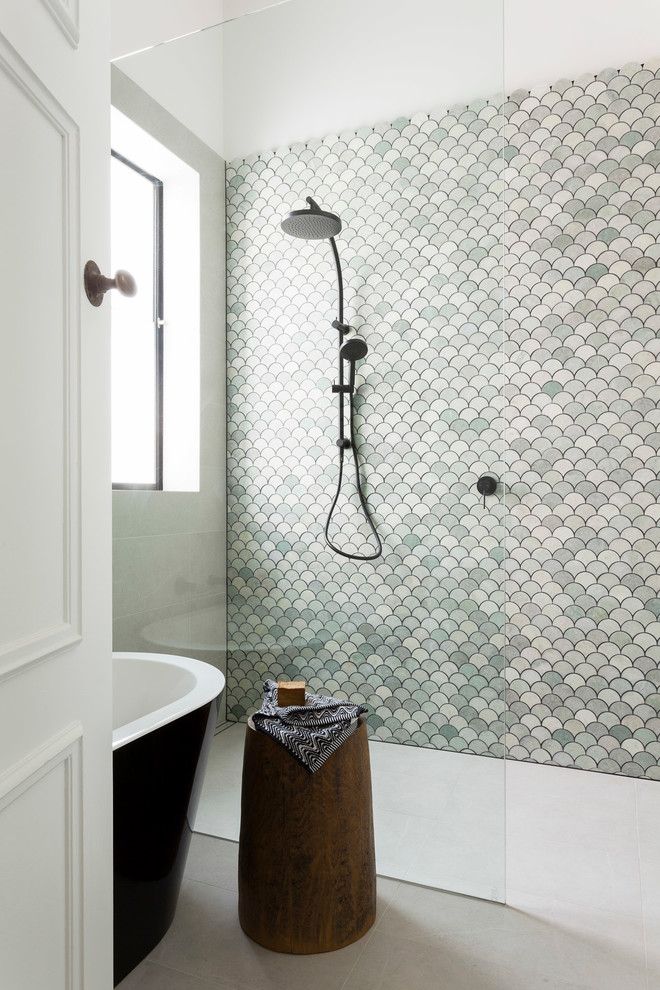 Example of a mid-sized trendy master green tile and mosaic tile porcelain tile bathroom design in Melbourne with furniture-like cabinets and gray walls