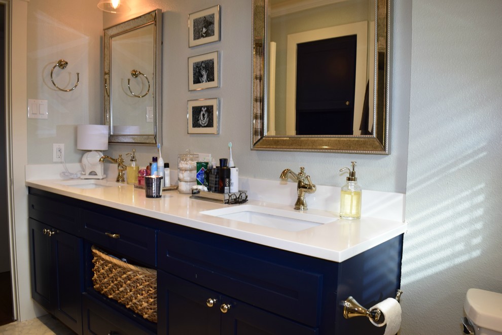 Inspiration for a small timeless master white tile and ceramic tile marble floor bathroom remodel in Dallas with shaker cabinets, blue cabinets, a two-piece toilet, gray walls, an undermount sink and quartz countertops