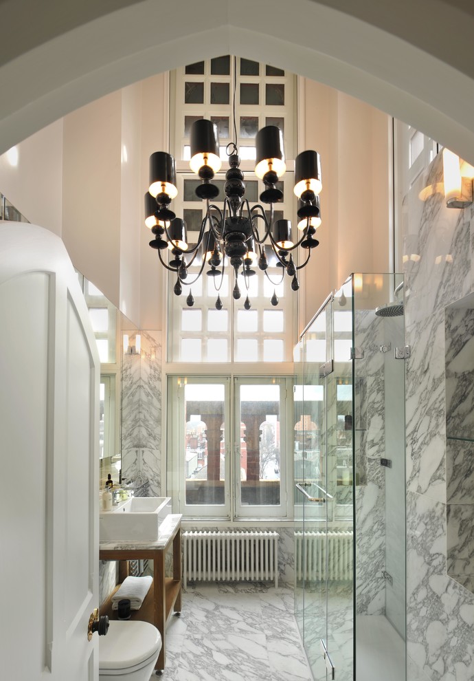 Design ideas for a contemporary shower room bathroom in London with a vessel sink, marble worktops, a built-in shower, stone tiles, white walls, marble flooring, open cabinets, medium wood cabinets and white tiles.