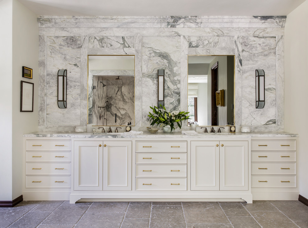 Inspiration for a large timeless master gray tile and marble tile travertine floor and beige floor bathroom remodel in Portland with beaded inset cabinets, white cabinets, an undermount sink, marble countertops and white walls