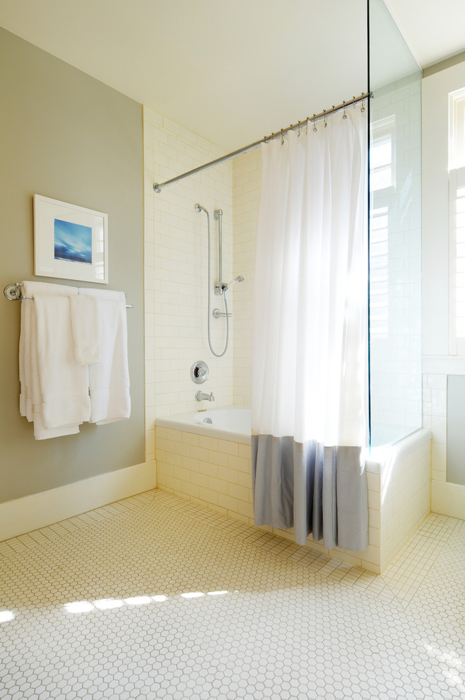 Photo of a traditional bathroom in Calgary with metro tiles and a shower curtain.