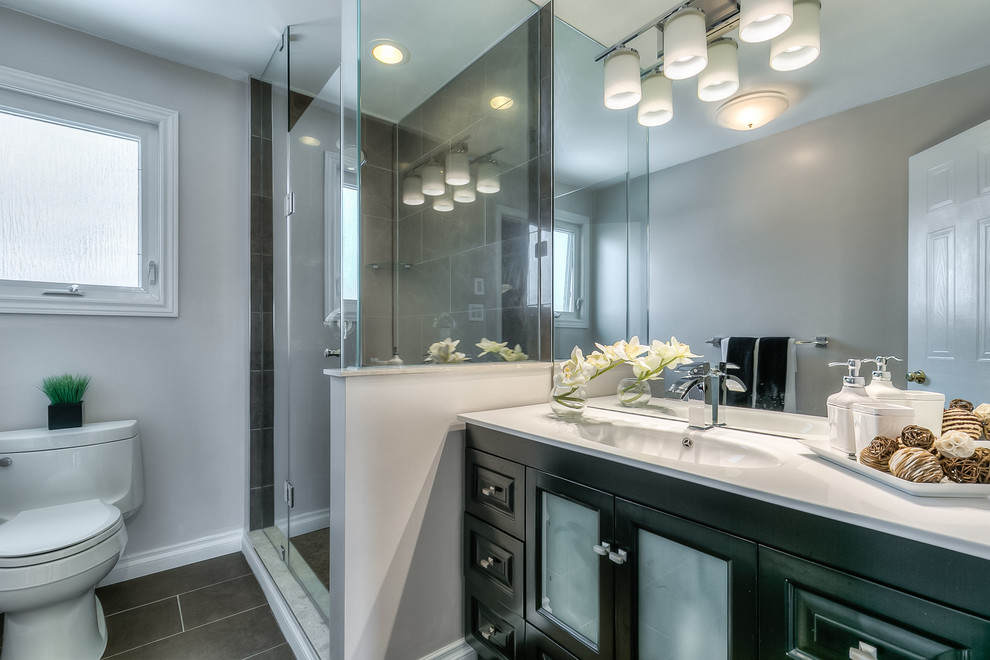 Small classic bathroom in Toronto with beaded cabinets, brown cabinets, beige tiles and terracotta tiles.