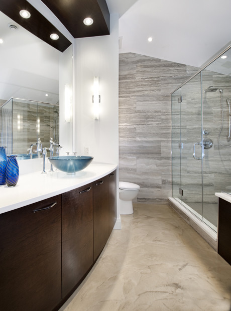 Example of a mid-sized trendy master bathroom design in Ottawa with flat-panel cabinets, dark wood cabinets, a vessel sink and white walls