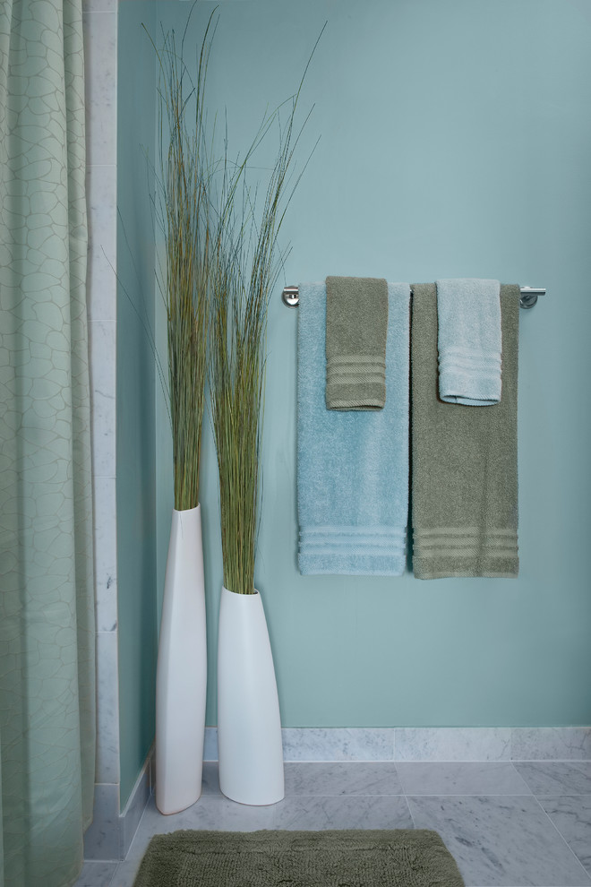 Ispirazione per una stanza da bagno con doccia tradizionale di medie dimensioni con pareti blu e pavimento in marmo