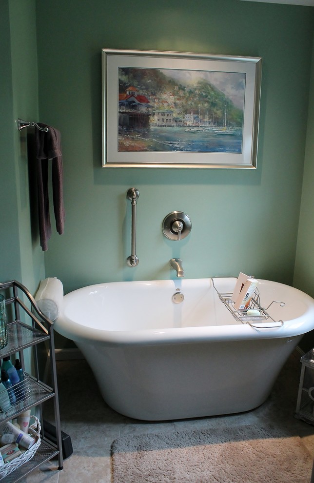 Freestanding bathtub - large modern master freestanding bathtub idea in Other with green walls
