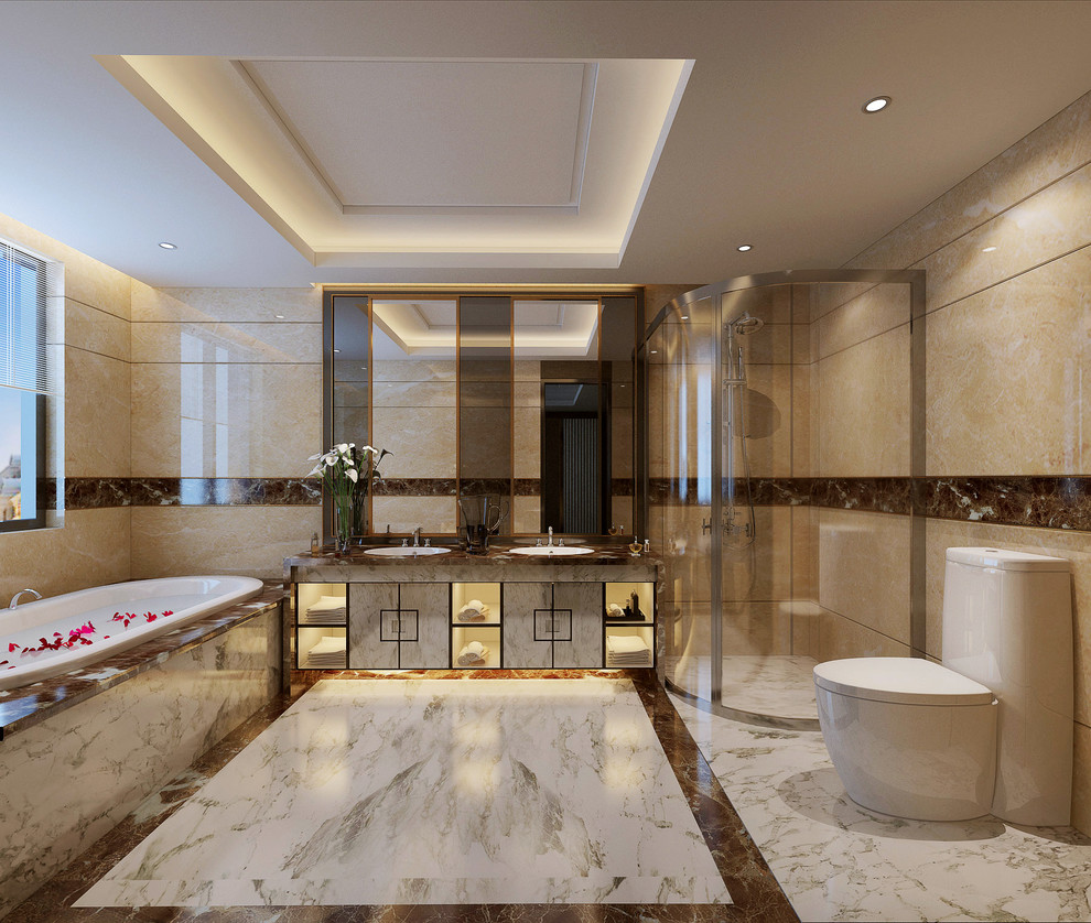 Large trendy master multicolored tile and ceramic tile marble floor bathroom photo in Other with an integrated sink, glass-front cabinets, distressed cabinets, marble countertops, a one-piece toilet and multicolored walls