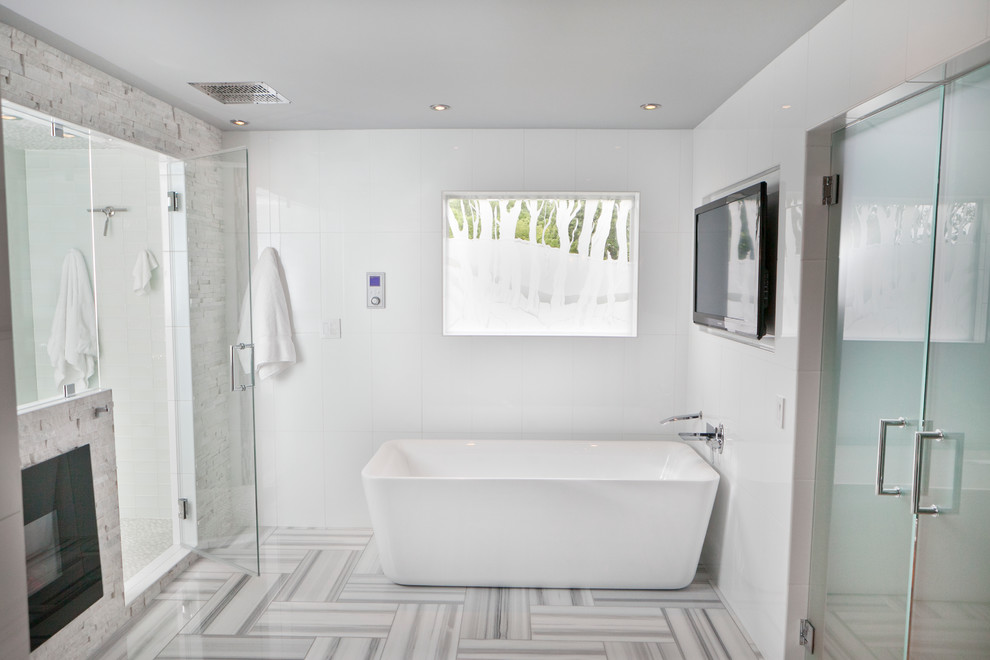 Inspiration for a modern freestanding bathtub remodel in Louisville