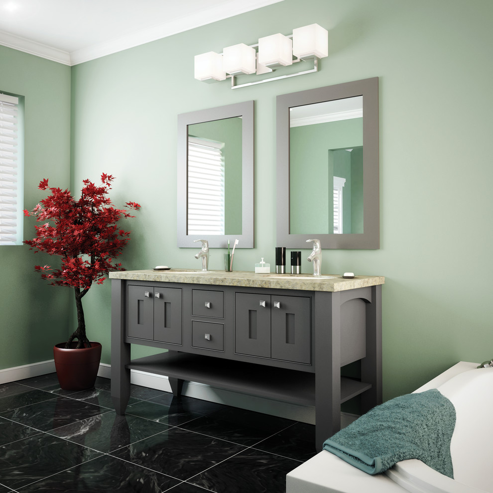 Esempio di una stanza da bagno padronale chic di medie dimensioni con lavabo sottopiano, ante a filo, ante grigie, vasca da incasso, pareti verdi, pavimento in marmo, top in quarzite e pavimento nero