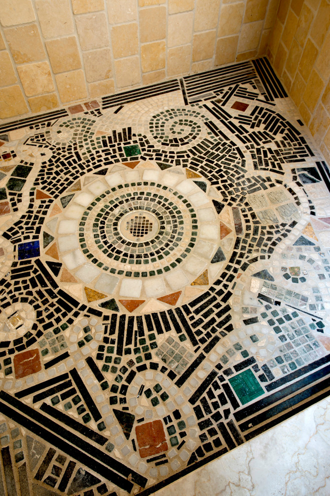 Design ideas for a medium sized bohemian ensuite bathroom in Philadelphia with an alcove shower, beige tiles, multi-coloured tiles, ceramic tiles, blue walls and ceramic flooring.