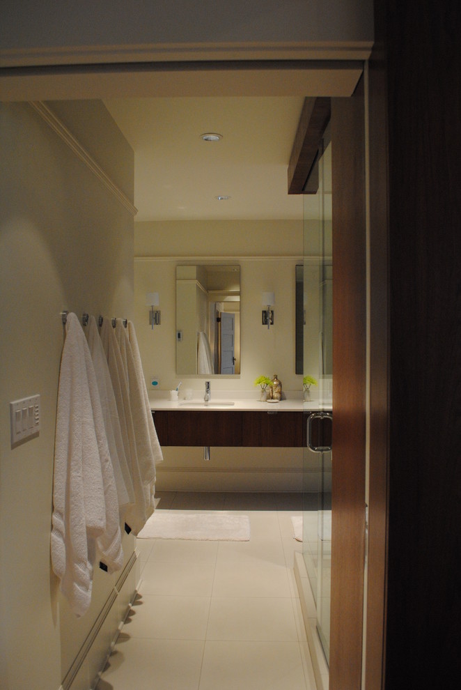 Inspiration for a modern beige tile bathroom remodel in Portland