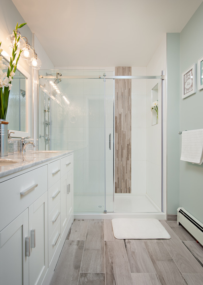 Photo of a traditional bathroom in Vancouver with a submerged sink, marble worktops, an alcove shower, multi-coloured tiles, porcelain tiles and grey walls.