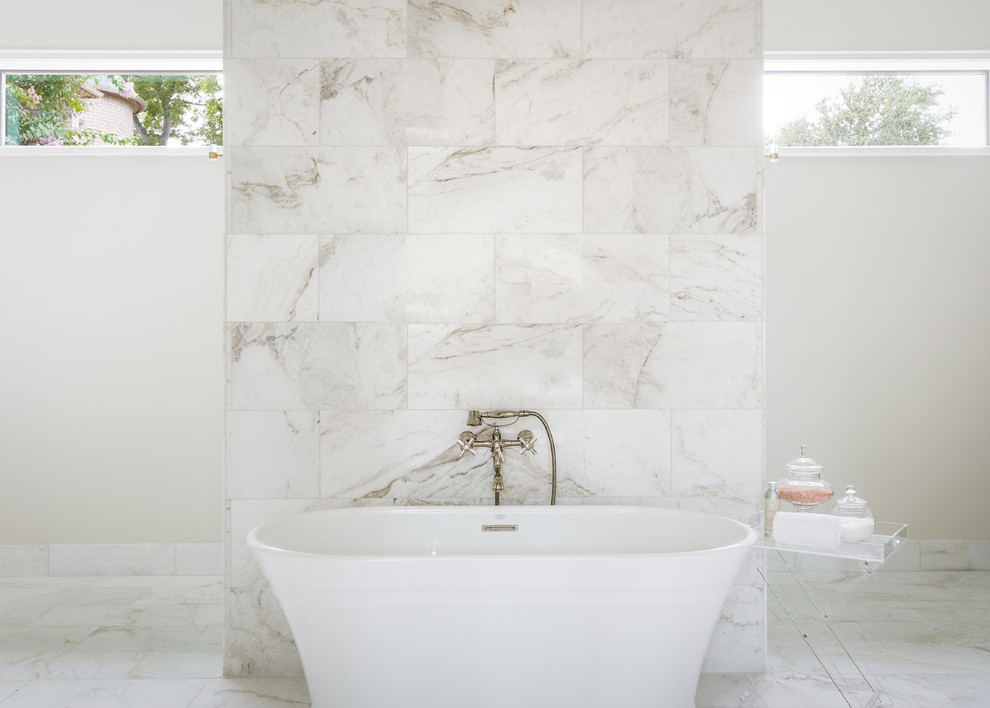 Inspiration for a medium sized contemporary ensuite bathroom in Dallas with shaker cabinets, beige cabinets, a freestanding bath, a double shower, a one-piece toilet, white walls, a submerged sink, marble worktops, a hinged door and white worktops.