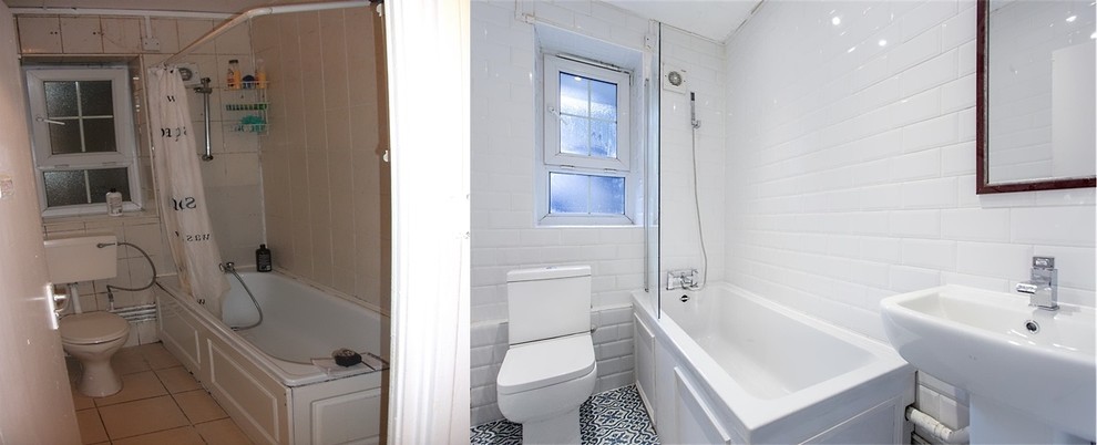 This is an example of a small eclectic family bathroom in London with a built-in bath, a shower/bath combination, a one-piece toilet, blue tiles, porcelain tiles, white walls, porcelain flooring and a pedestal sink.