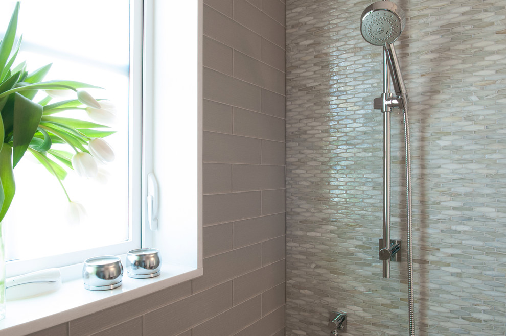 Photo of a medium sized classic bathroom in San Diego with brown tiles and glass tiles.