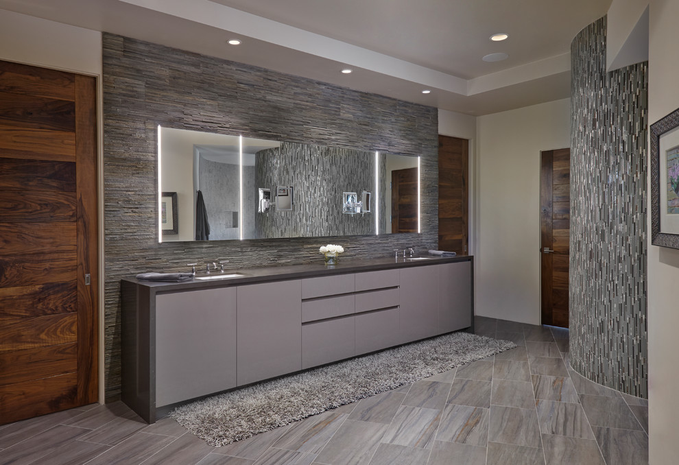 Design ideas for a medium sized contemporary ensuite bathroom in Other with flat-panel cabinets, grey cabinets, a built-in shower, grey tiles, ceramic tiles, grey walls, slate flooring, a submerged sink, engineered stone worktops, grey floors and an open shower.