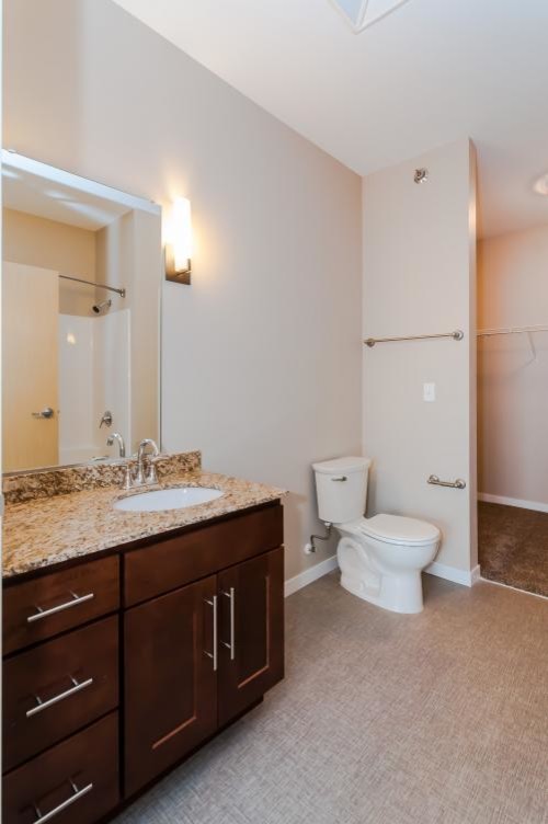 Diseño de cuarto de baño actual de tamaño medio con armarios estilo shaker, puertas de armario de madera en tonos medios, encimera de granito, combinación de ducha y bañera, paredes beige y suelo vinílico