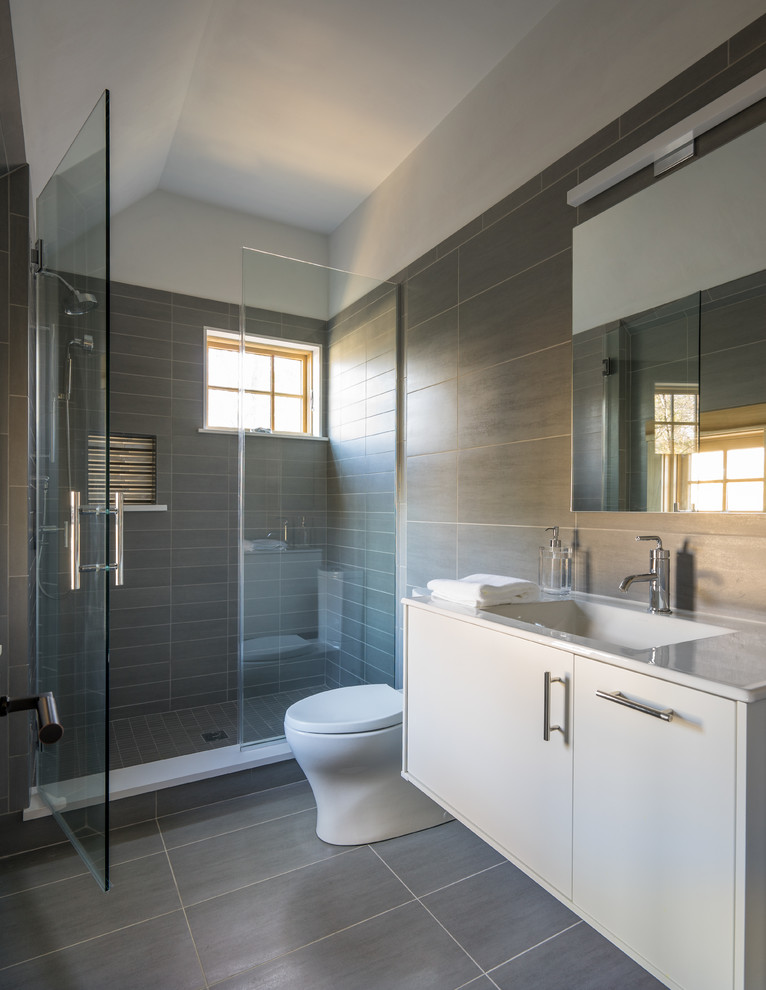 Foto di una grande stanza da bagno design con doccia doppia e piastrelle grigie