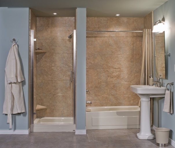 Large elegant master beige tile and stone tile laminate floor bathroom photo in Other with blue walls and a pedestal sink