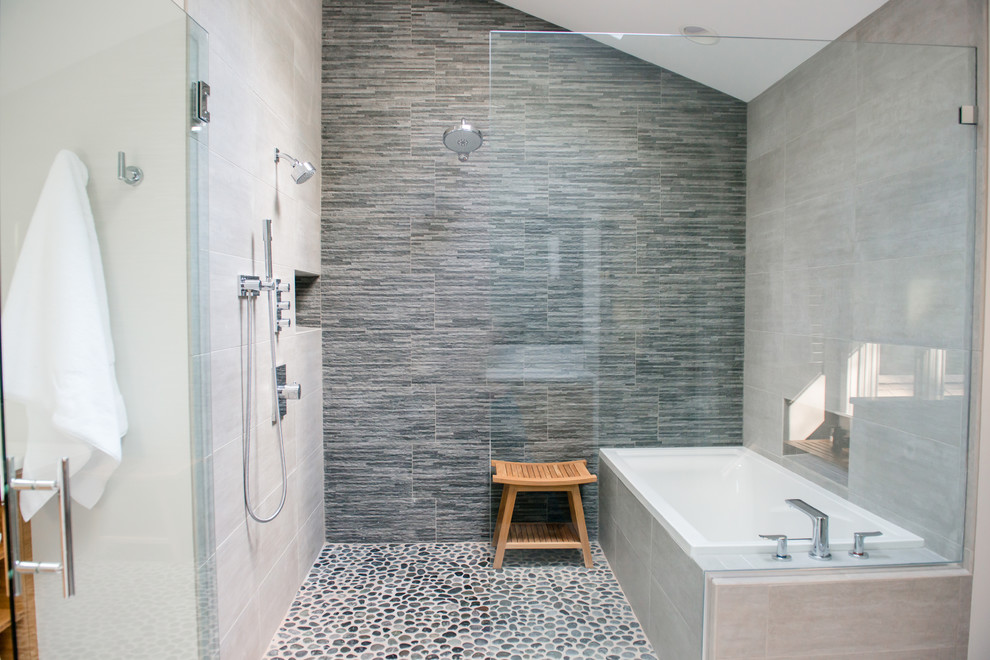 Bathroom - large transitional master white tile ceramic tile bathroom idea in Portland Maine with flat-panel cabinets, light wood cabinets, a two-piece toilet, white walls and an undermount sink