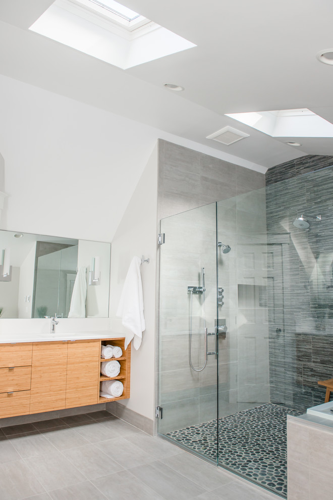 Large transitional master white tile ceramic tile bathroom photo in Portland Maine with flat-panel cabinets, light wood cabinets, a two-piece toilet, white walls and an undermount sink