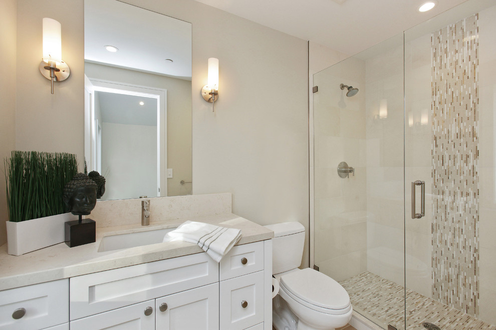 Cette image montre une salle de bain rustique avec un placard à porte shaker, des portes de placard blanches et un plan de toilette en calcaire.