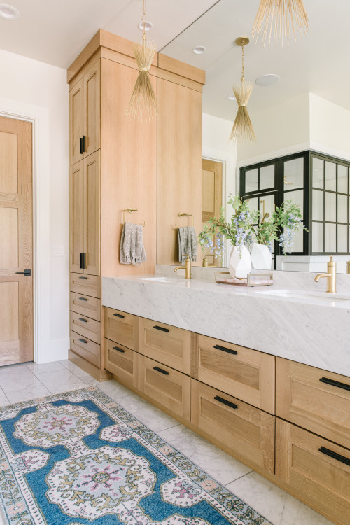 Luxury Canadian bathroom with engineered wood cabinets and marble countertop vanity