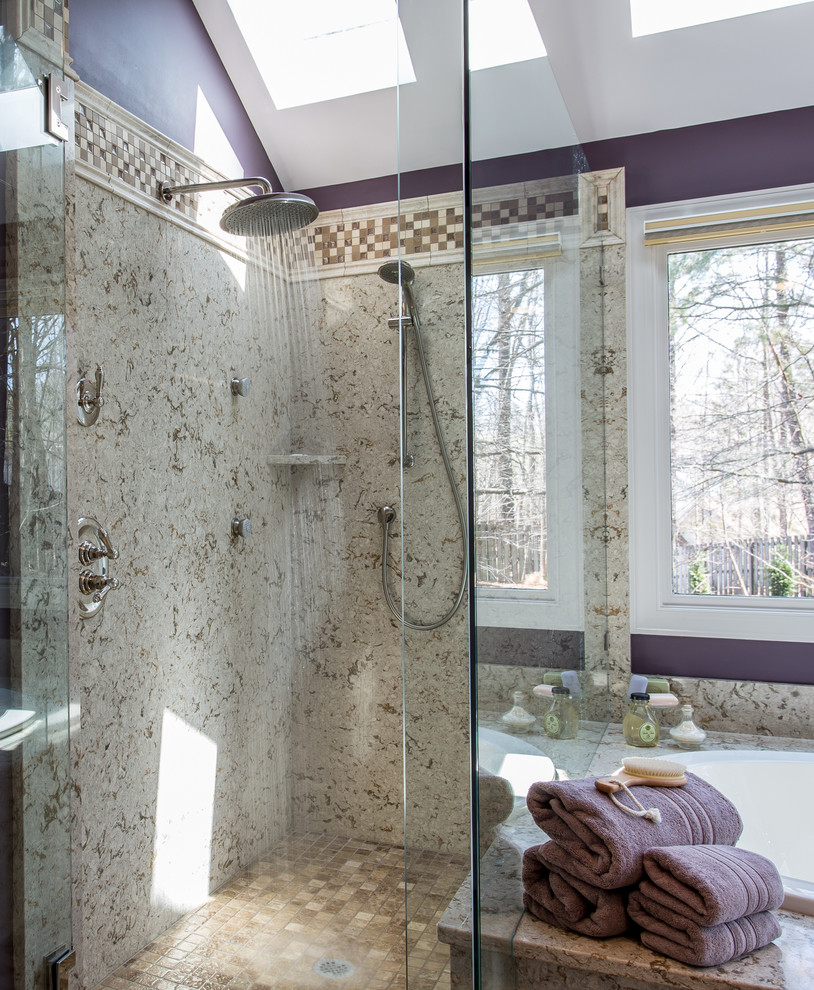 Inspiration for a mid-sized timeless beige tile and porcelain tile porcelain tile drop-in bathtub remodel in Raleigh with an undermount sink, raised-panel cabinets, medium tone wood cabinets, quartzite countertops and purple walls