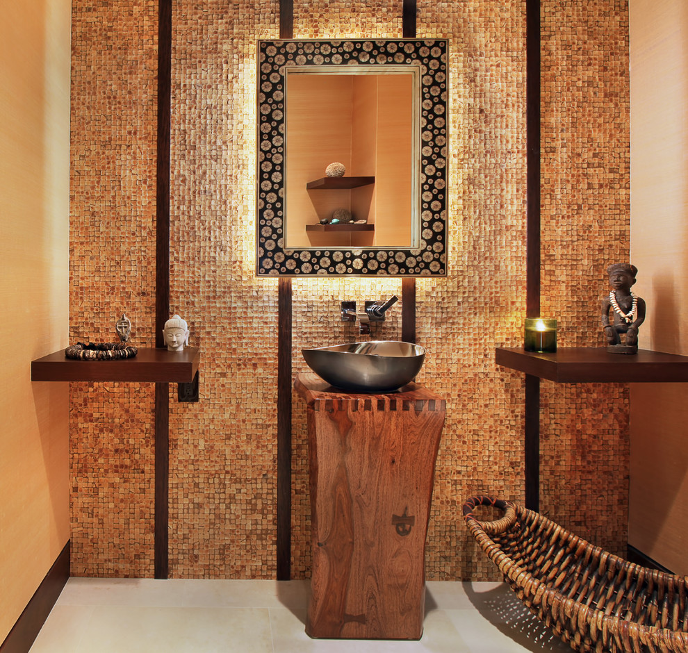 Design ideas for a world-inspired bathroom in Orange County with a vessel sink.