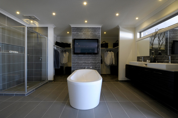 Mittelgroßes Modernes Badezimmer mit grauen Fliesen, Porzellanfliesen und Porzellan-Bodenfliesen in Melbourne