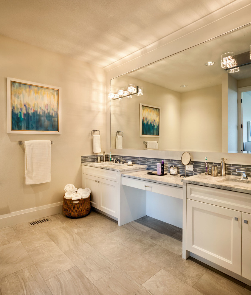 Inspiration for a mid-sized timeless master beige tile and porcelain tile porcelain tile walk-in shower remodel in Portland with an undermount sink, shaker cabinets, white cabinets, marble countertops, a one-piece toilet and beige walls