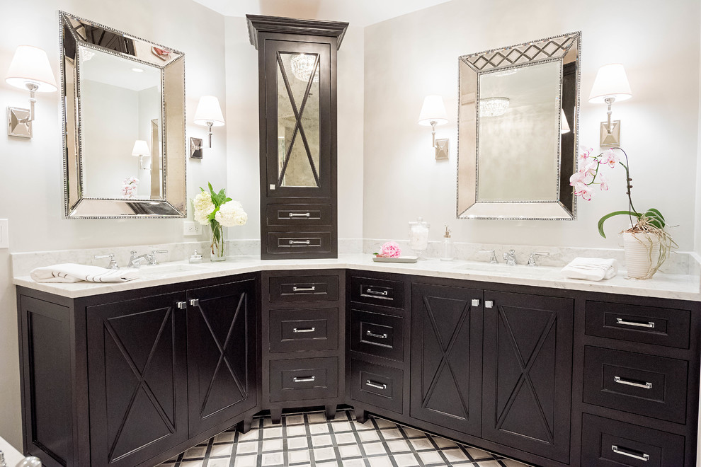 Photo of a medium sized traditional ensuite bathroom in Chicago with beaded cabinets, dark wood cabinets, a submerged bath, an alcove shower, a two-piece toilet, grey tiles, stone tiles, grey walls, marble flooring, a submerged sink and marble worktops.