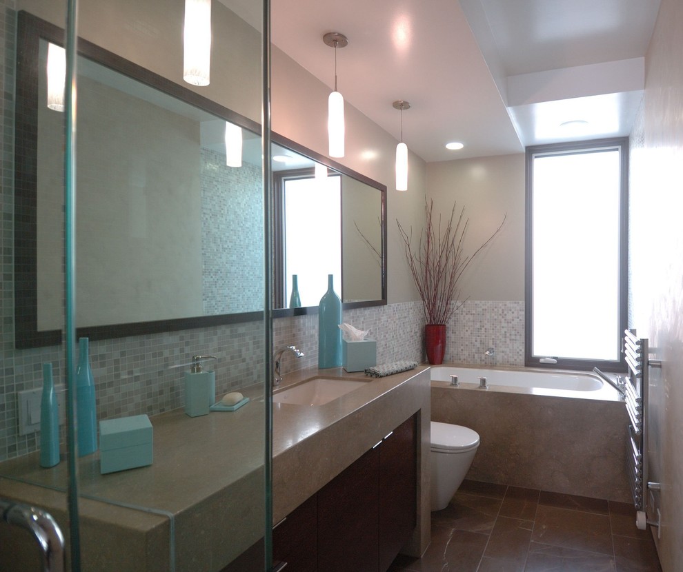 Mid-sized minimalist master beige tile and glass tile corner shower photo in San Francisco with flat-panel cabinets, dark wood cabinets, an undermount tub, a one-piece toilet, white walls, an undermount sink and granite countertops