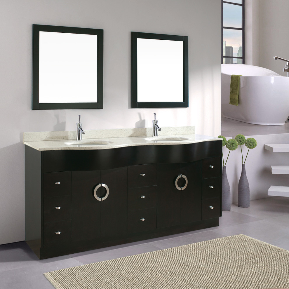 Esempio di una piccola stanza da bagno padronale design con ante lisce, ante marroni, top in quarzo composito e piastrelle grigie