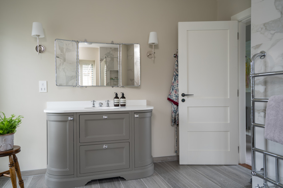 Inspiration for a medium sized contemporary bathroom in Belfast with shaker cabinets, grey cabinets, a walk-in shower, white tiles, porcelain tiles, porcelain flooring, a console sink, grey floors, an open shower, a single sink and a freestanding vanity unit.